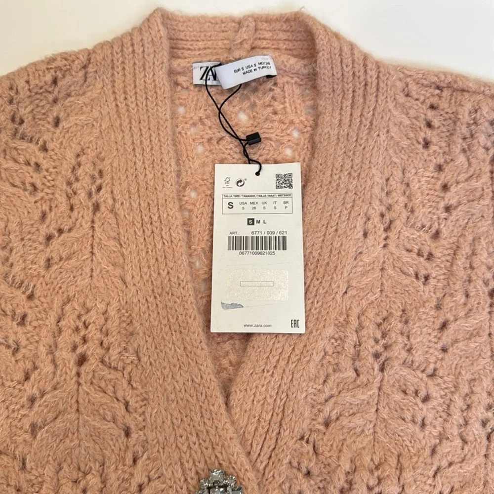 NWT Zara Crochet Knit Sweater Vest Size Small Pink/peach Jewel Buttons - Picture 2 of 9